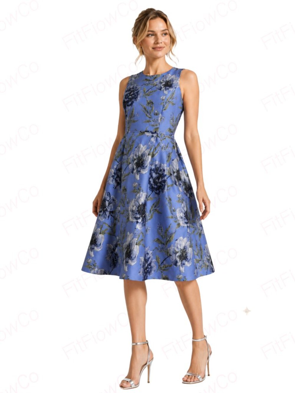 Adrianna Papell Blue Multi Metallic Floral Jacquard Fit & Flare Dress 4